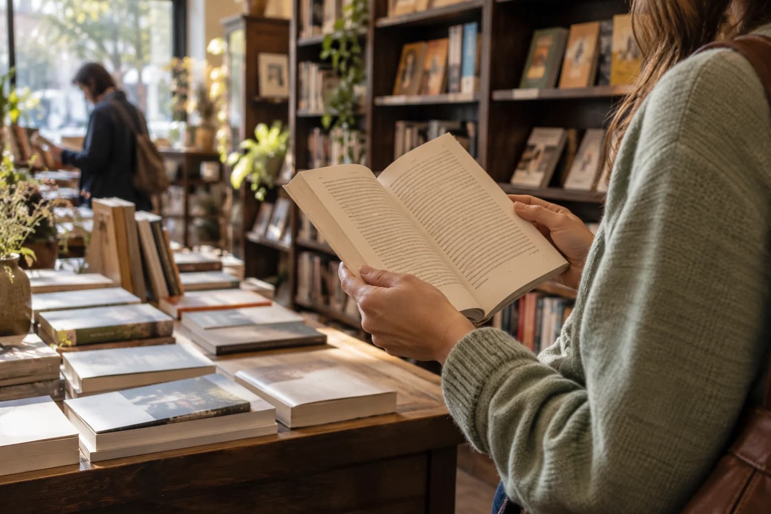 A reader browsing an open paperback at a bookstore table